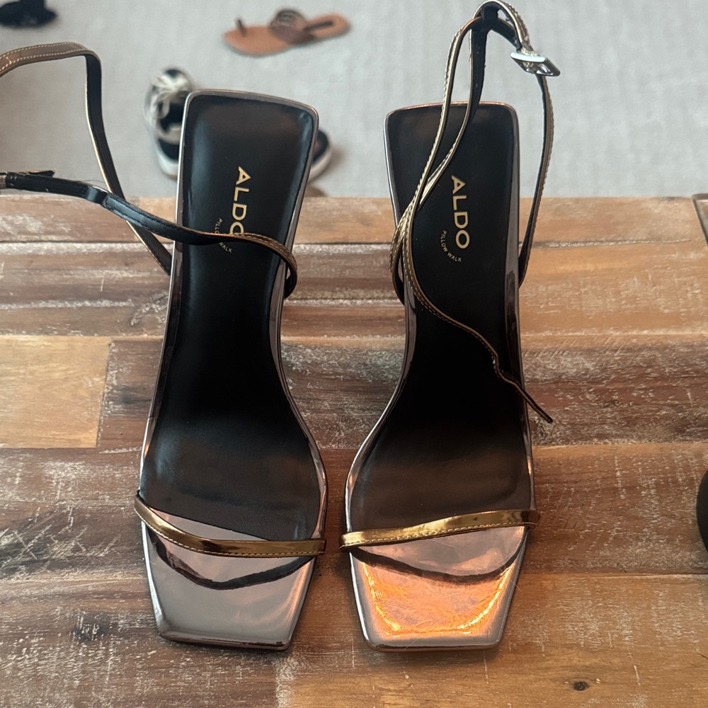 ALDO Metallic Gold and Iridescent Strappy Square-Toe Heels